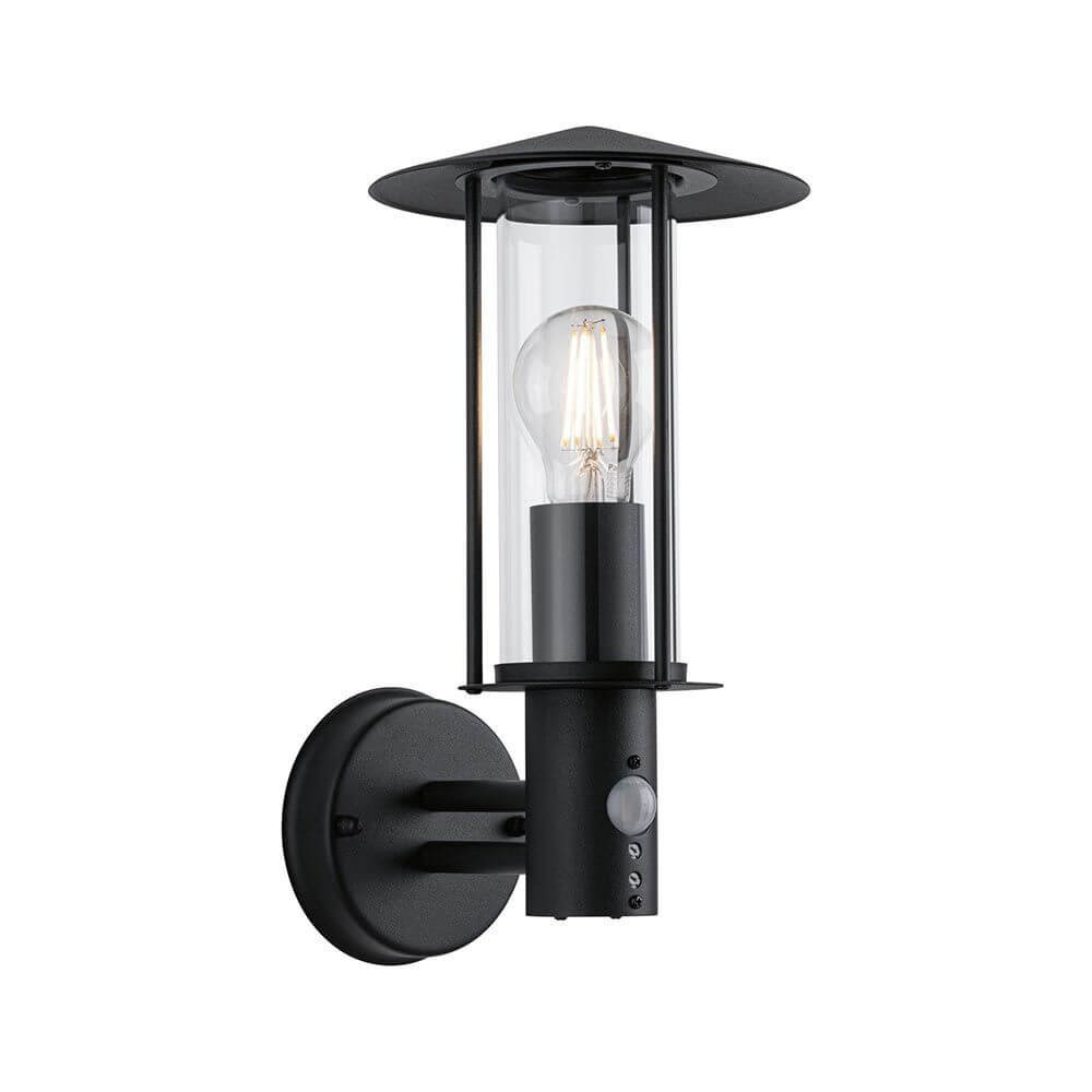 Sensor Außenwandleuchte Classic Dunkelgrau Metall Glas, moderne Wandleuchte mit Bewegungsmelder und klarem Glasschirm.