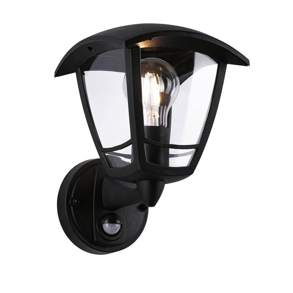 Außenwandleuchte Classic Curved mit Sensor Schwarz in klassischem Design mit klarem Glasschirm und Bewegungsmelder.