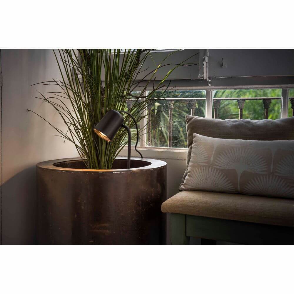 Außenwandspot oder Spiess FLOW GU10 Schwarz Meerwasserfest in modernem Interieur mit Pflanze und Kissen.