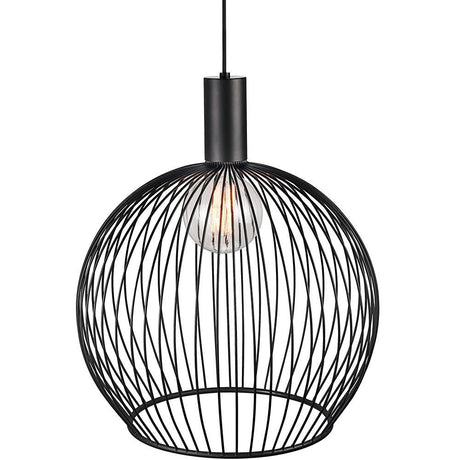 Aver 50 grid pendant light Ø 50cm fabric cable black with visible bulb in black metal wire mesh.