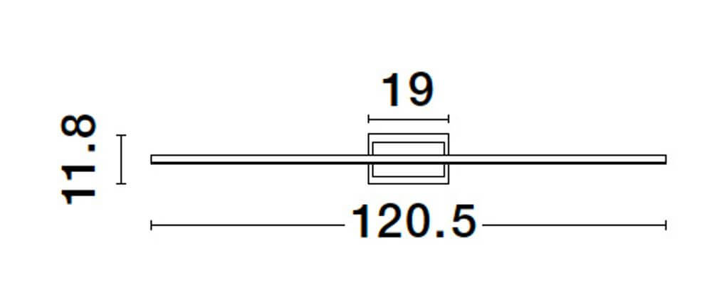 Maße der Azure LED Wandleuchte 3000K Schwarz, 120,5 cm lang, 19 cm breit, 11,8 cm hoch.