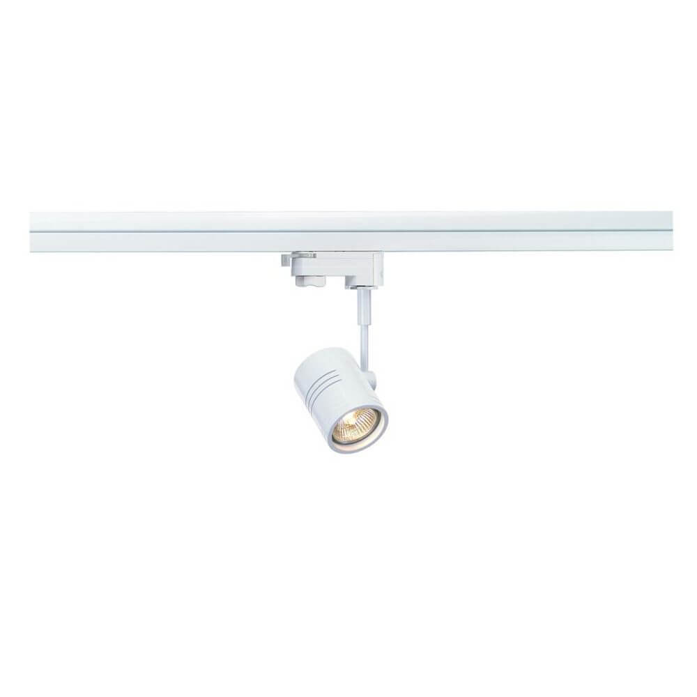 BIMA I Leuchtenkopf Weiß GU10 max. 50W inkl. 3P.-Adapter an einem Hochvolt-Schienen-System.