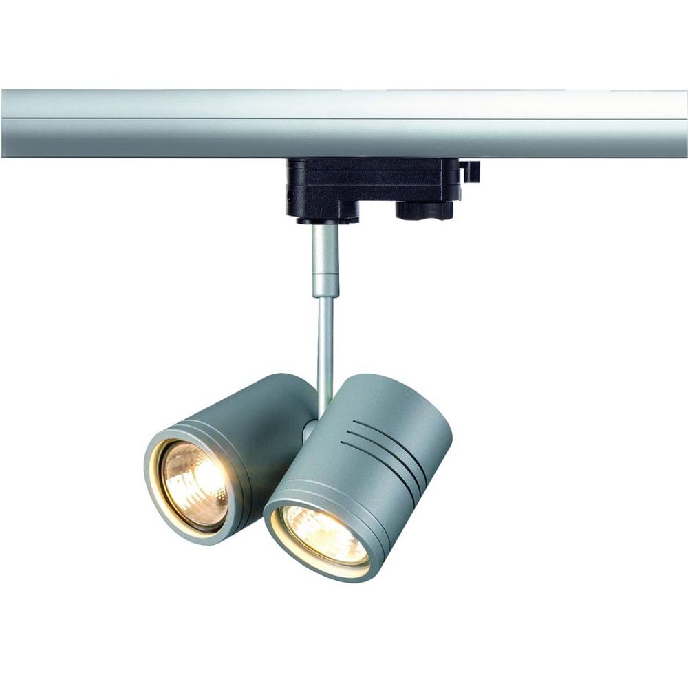 BIMA II Leuchtenkopf Silbergrau 2xGU10 max. 50W inkl. 3P.-Adapter auf Hochvolt-Schiene montiert.
