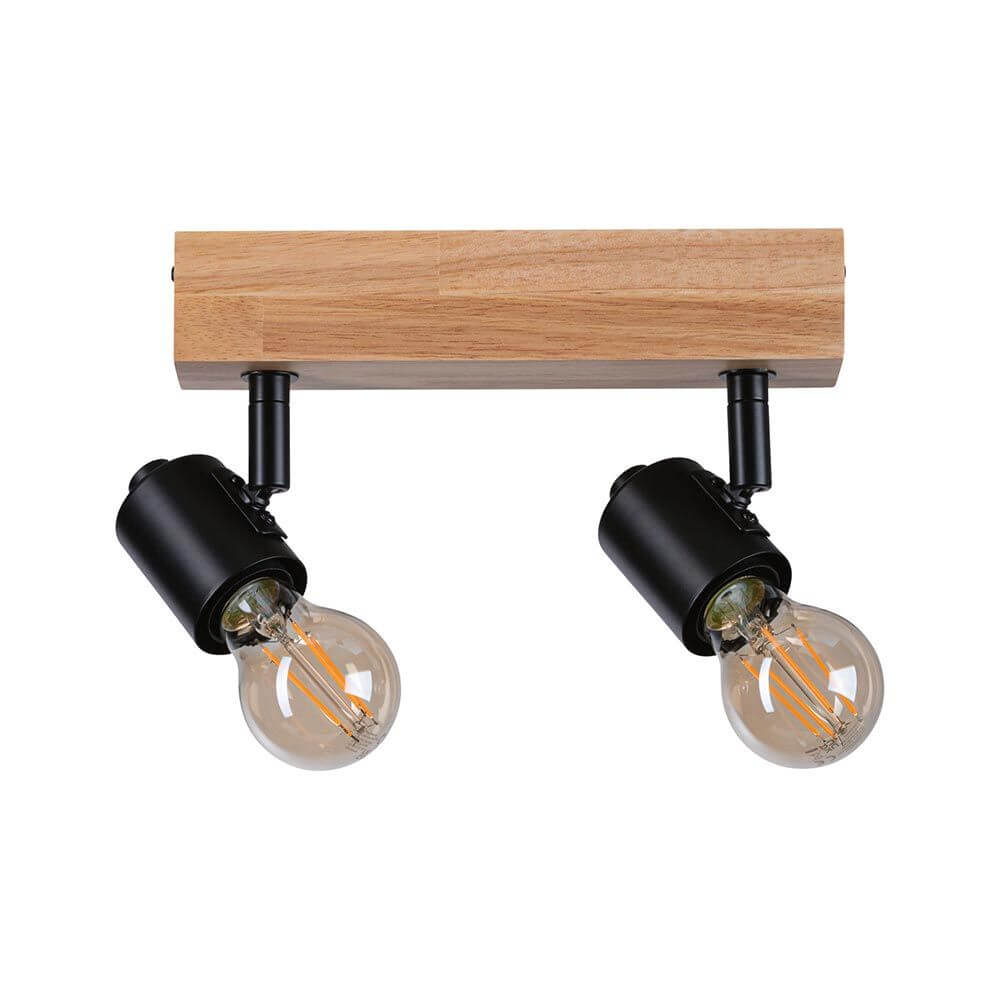 Holz Balkenstrahler Arvid 2-flammig Holzfarben, Schwarz mit zwei schwarzen Spots und Holzdecke.