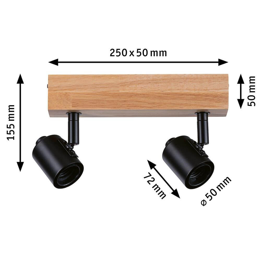 Holz Balkenstrahler Arvid 2-flammig Holzfarben, Schwarz mit Abmessungen 250 x 50 mm und 155 mm Höhe.