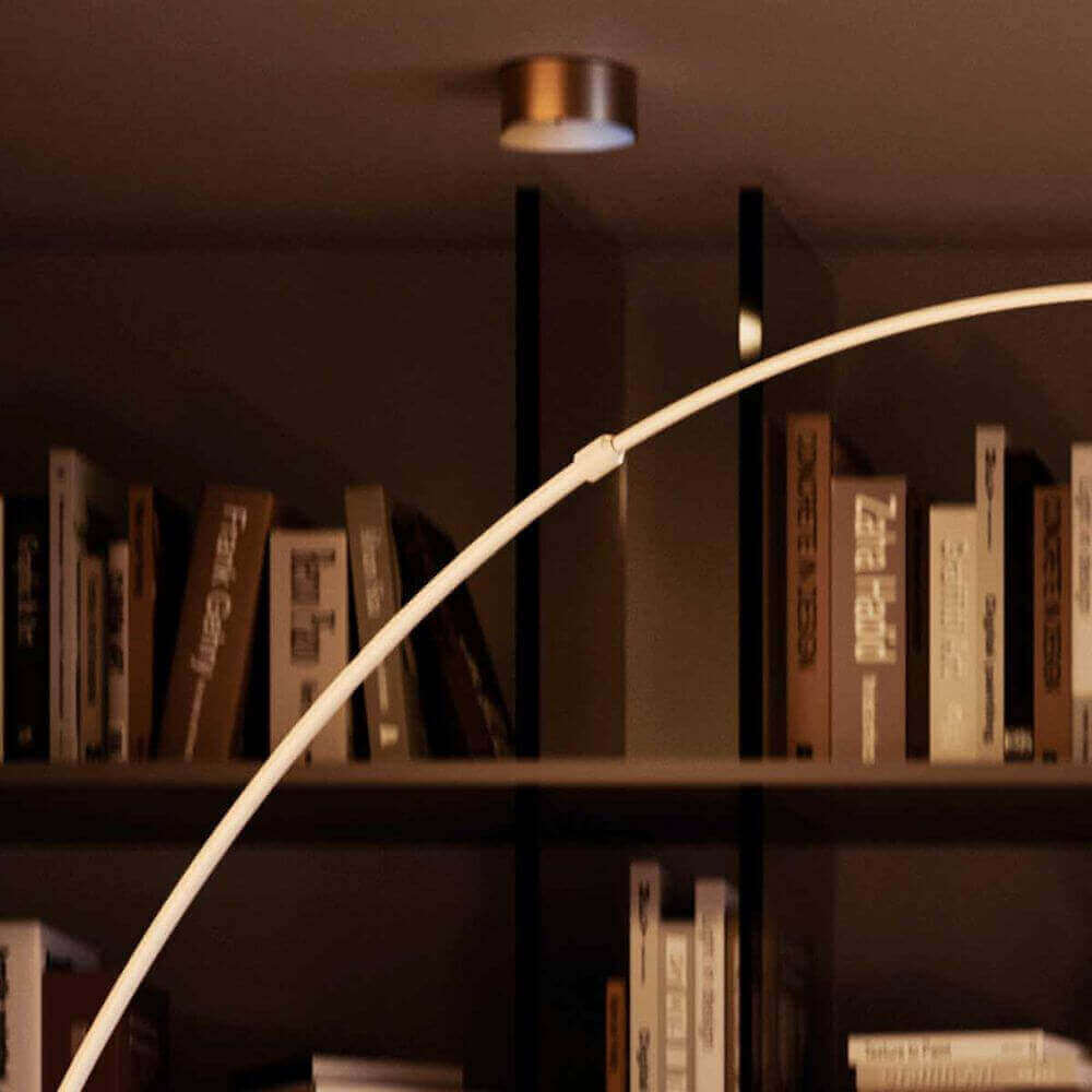 s.luce Ball Design-Bogenlampe mit Marmorfuß modern im Wohnzimmer mit Bücherregal Hintergrund.