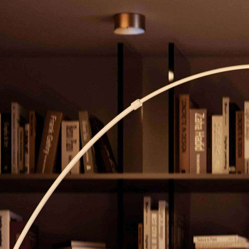 s.luce Ball Design-Bogenlampe mit Marmorfuß modern im Wohnzimmer mit Bücherregal Hintergrund.