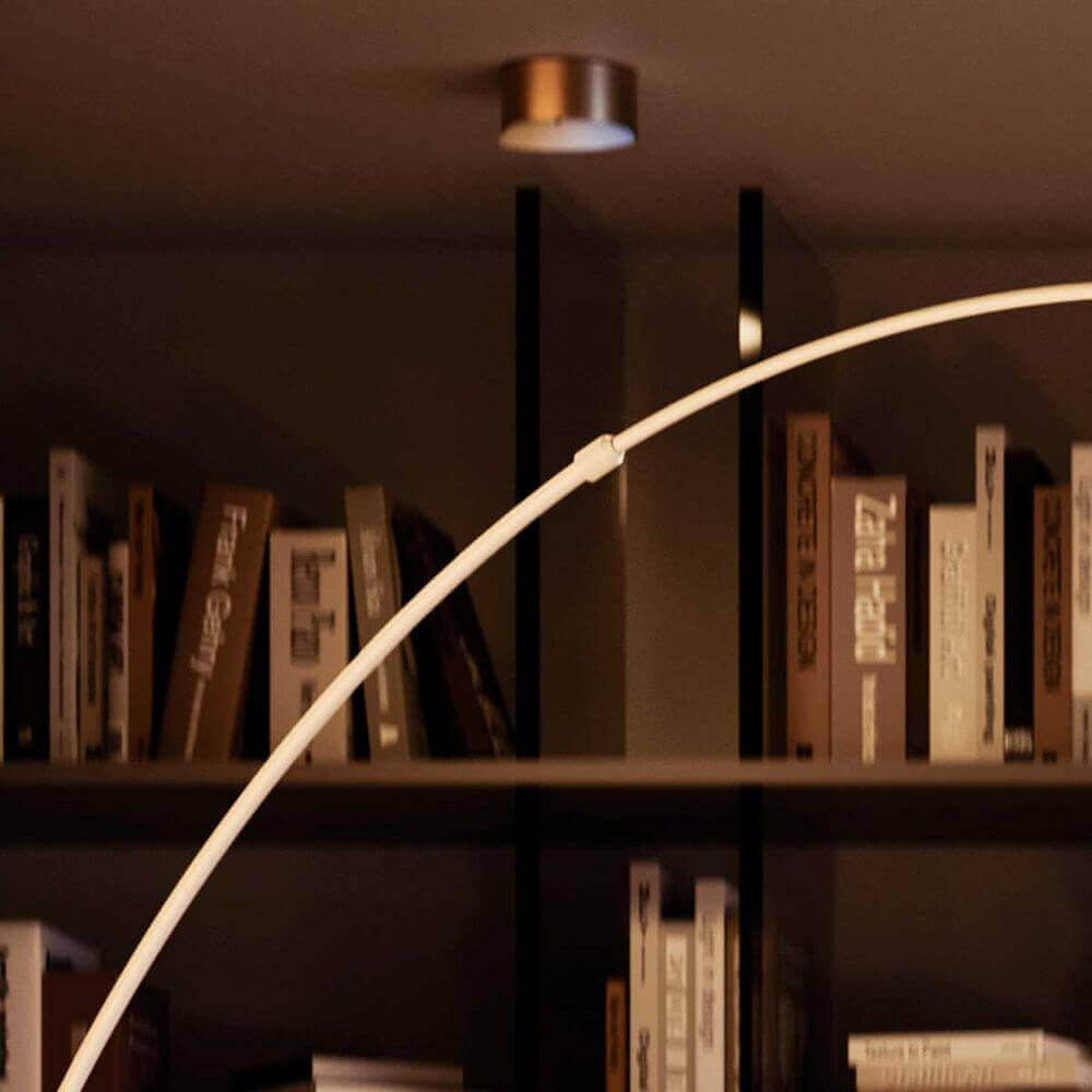 s.luce Lampe arc de design Ball avec pied en marbre moderne dans un environnement de vie élégant avec des bibliothèques.