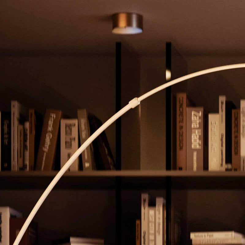 s.luce Lampe arc de design Ball avec pied en marbre moderne dans un environnement de vie élégant avec des bibliothèques.