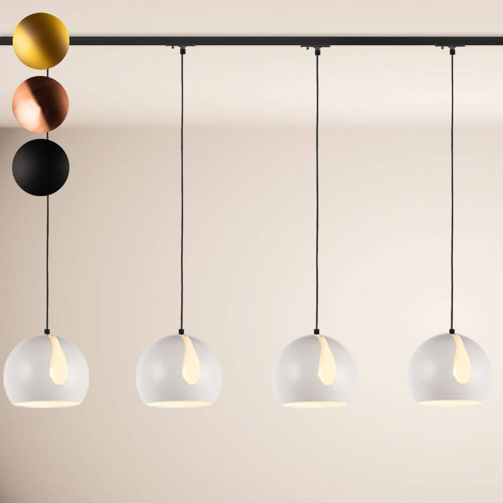 s.luce Ball Esstischlampe mit modernen Pendelleuchten in Schwarz, Gold, Kupfer und Weiß für stilvolle Beleuchtung.