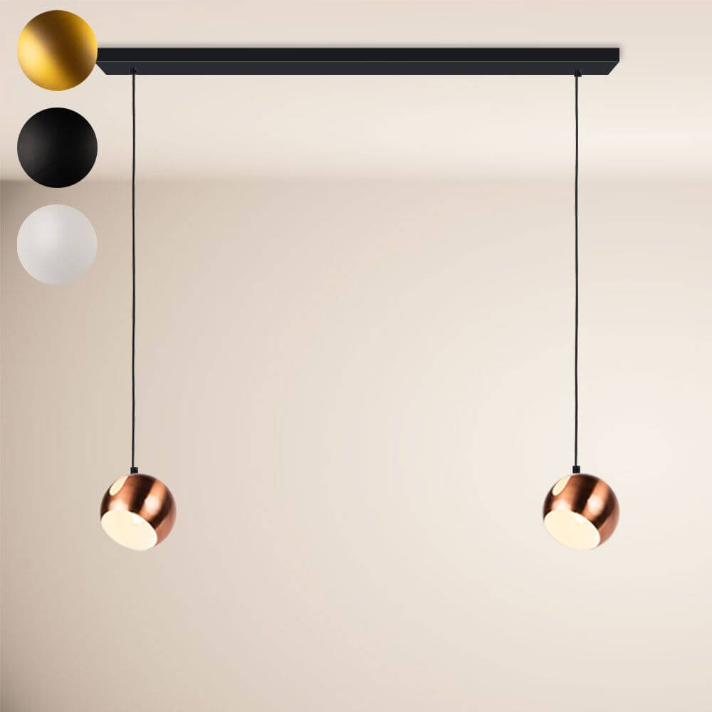 s.luce Ball Metall Esszimmerlampe Kombination Ø 20cm 120cm in verschiedenen Farben mit zwei Pendelleuchten.