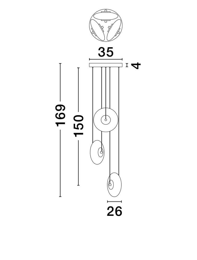 Technische Zeichnung der Ballet Pendelleuchte 3-flammig Ø 35cm mit Abmessungen und Details.