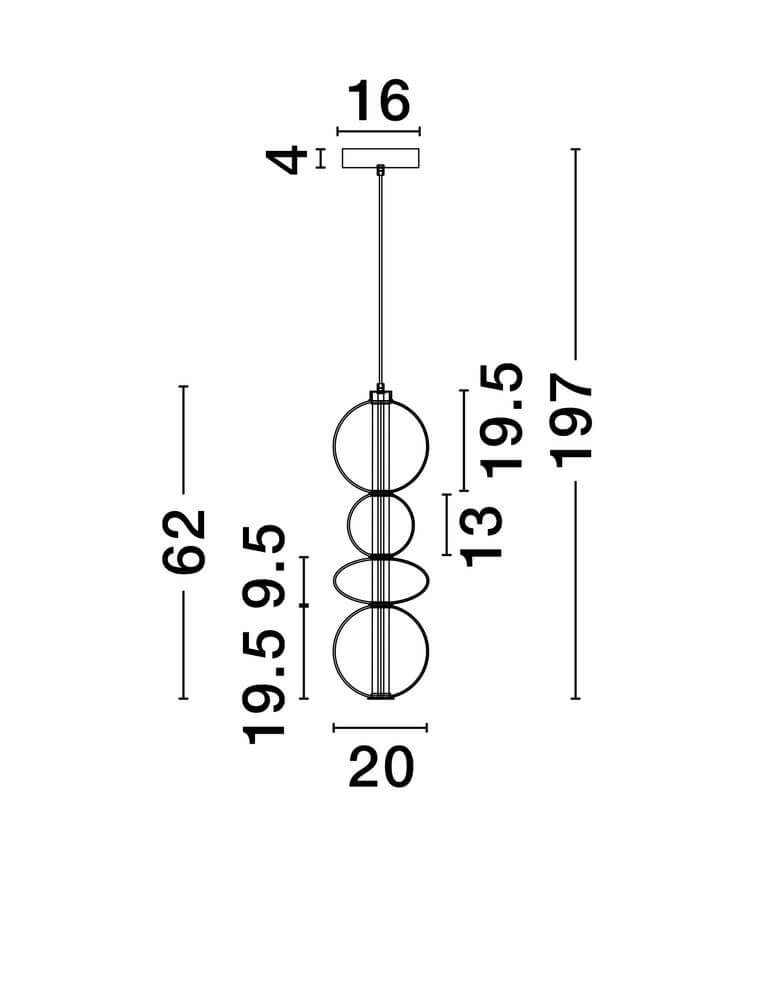 Bally LED Pendelleuchte Ø 20cm 4-flammig technische Skizze mit Maßen 197 cm Gesamthöhe und 20 cm Durchmesser