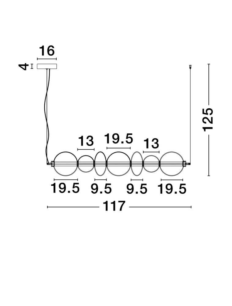 Technische Zeichnung der Bally LED Pendelleuchte 7-flammig mit Maßen und Details.