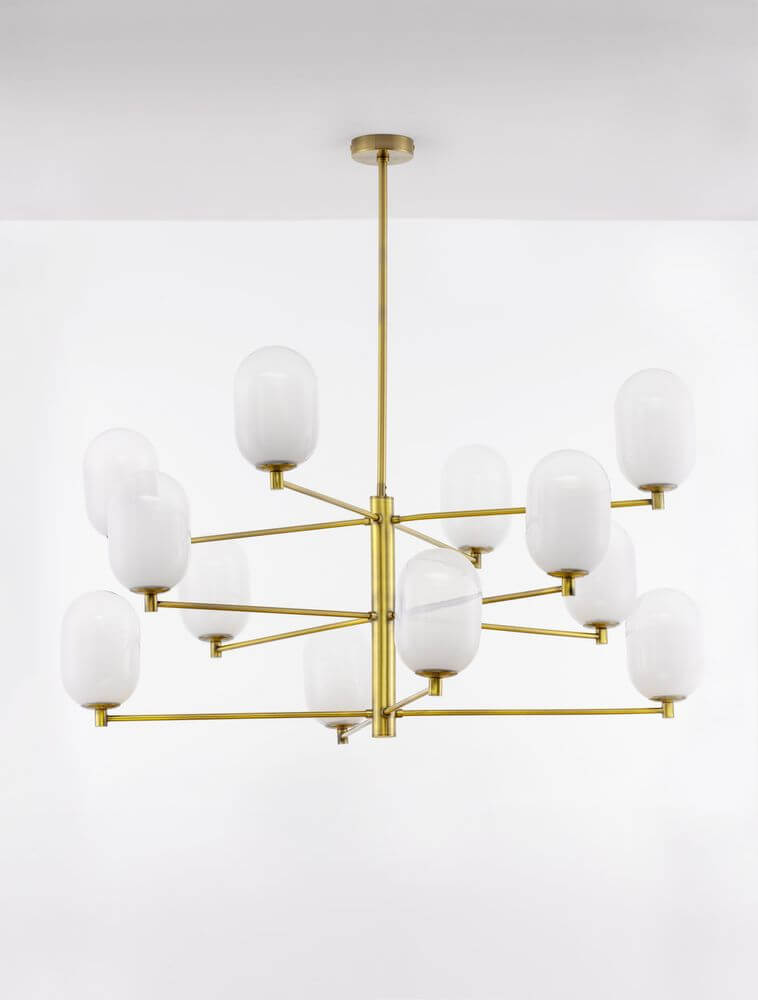 Balor Pendelleuchte 12-flammig Gold, Weiß mit elegantem Opalglasschirm in neutralem Weiß