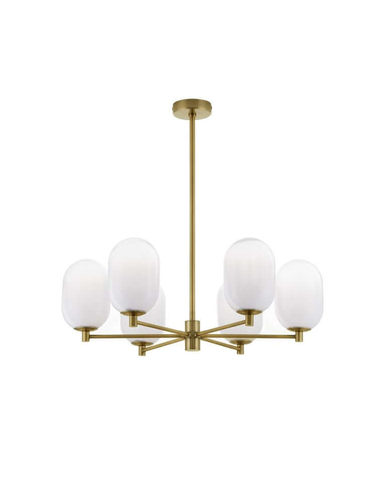 Balor Pendelleuchte 6-flammig Gold, Weiß mit ovale Leuchtenschirme aus Opalglas