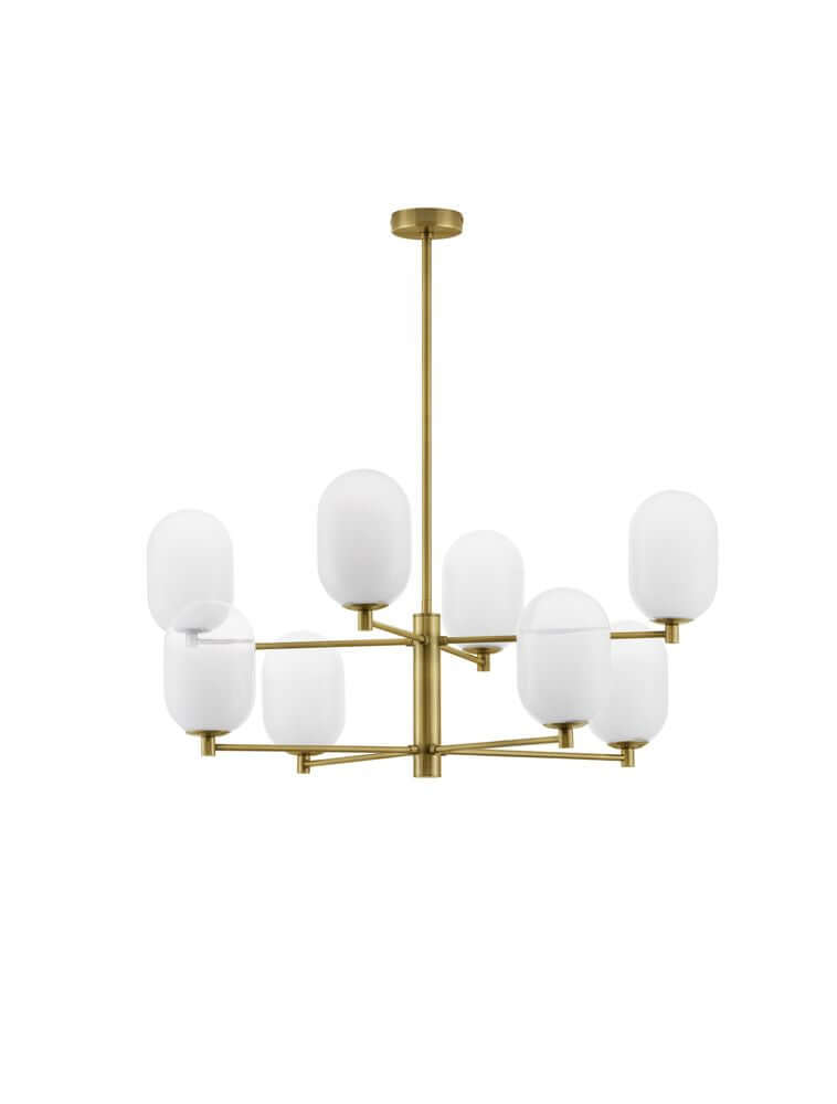 Balor Pendelleuchte 8-flammig Gold, Weiß mit ovale Opalschirme für eleganten Stil