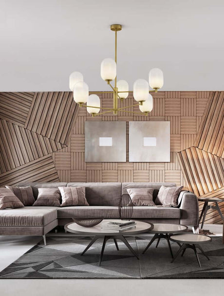 Balor 8-light pendant light in gold and white, elegant in a modern living room with wood decor.