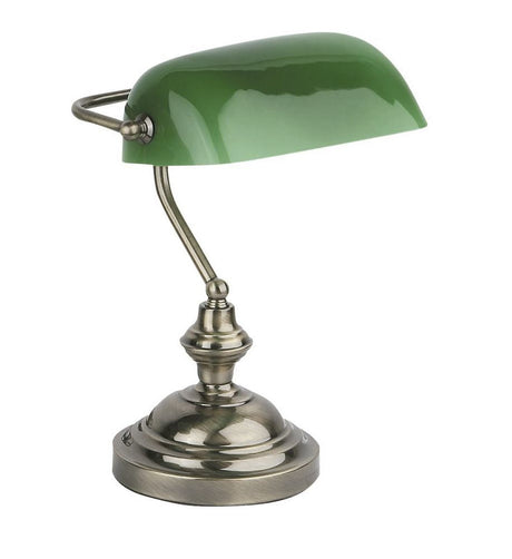 Bankerslampe Tischlampe BANKER Altgold, Grün mit grünem Lampenschirm und klassischem, elegantem Design.