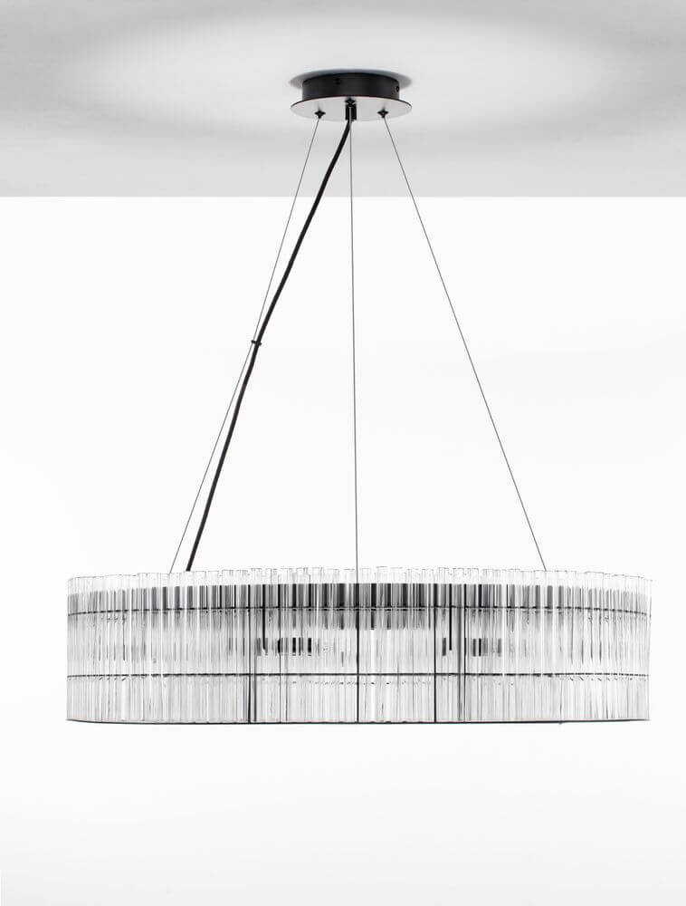 Barok Pendelleuchte Ø 70cm Schwarz, zylindrischer LED-Kronleuchter mit zwei Glasringebenen und lichtbrechenden Glasstäben