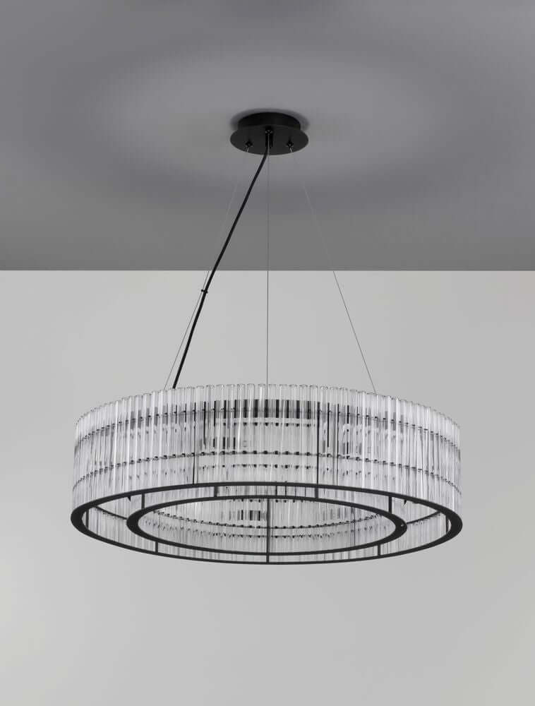Barok Pendelleuchte Ø 70cm Schwarz mit zwei ineinander liegenden Ringen und klaren Glasstäben, modernes puristisches LED-Design