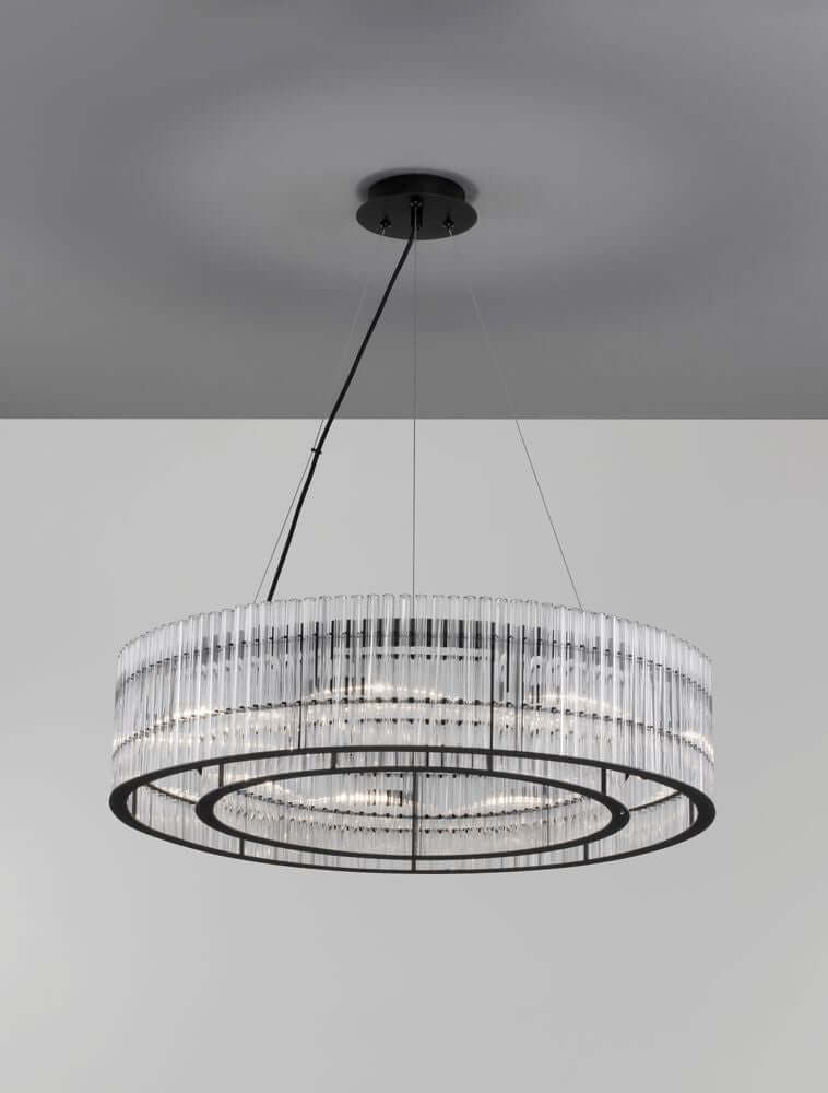 Barok Pendelleuchte Ø 70cm Schwarz - moderner Kronleuchter mit zwei Ringen und Glasstäben, puristisches LED-Design, dekoratives Lichtspiel