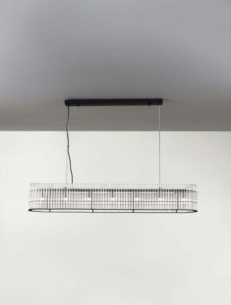 Barok Pendelleuchte 110cm Schwarz mit modernem Design und Lichtspiel durch massives Glas.