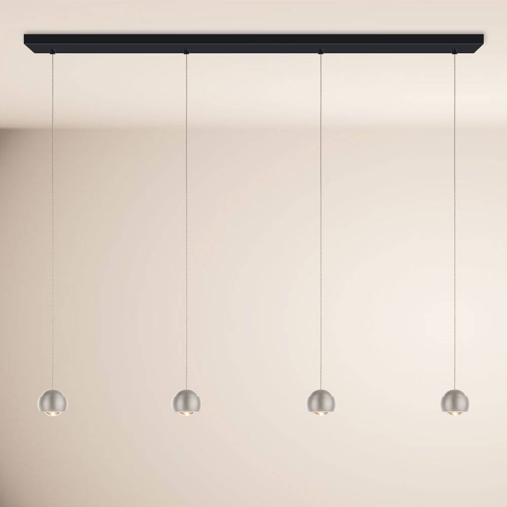 s.luce Beam LED Esstisch-Hängelampe Balken 160cm mit vier hängenden Leuchten in modernem Design.