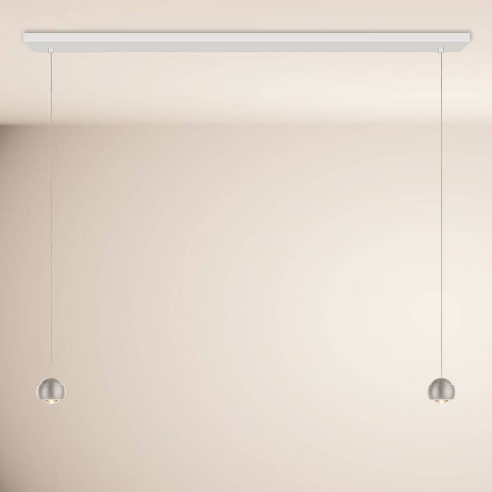 s.luce Beam LED Esstisch-Hängelampe Balken 160cm mit zwei schlichten Pendelleuchten in modernem Design.