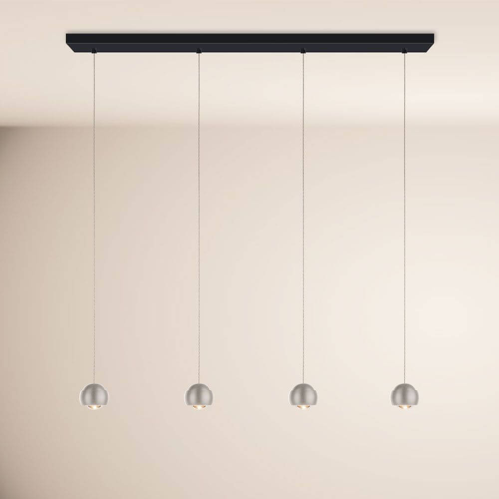 s.luce Beam LED Esstisch-Pendelleuchte Balken 120cm mit eleganten, hängenden Lampenschirmen in modernem Design.