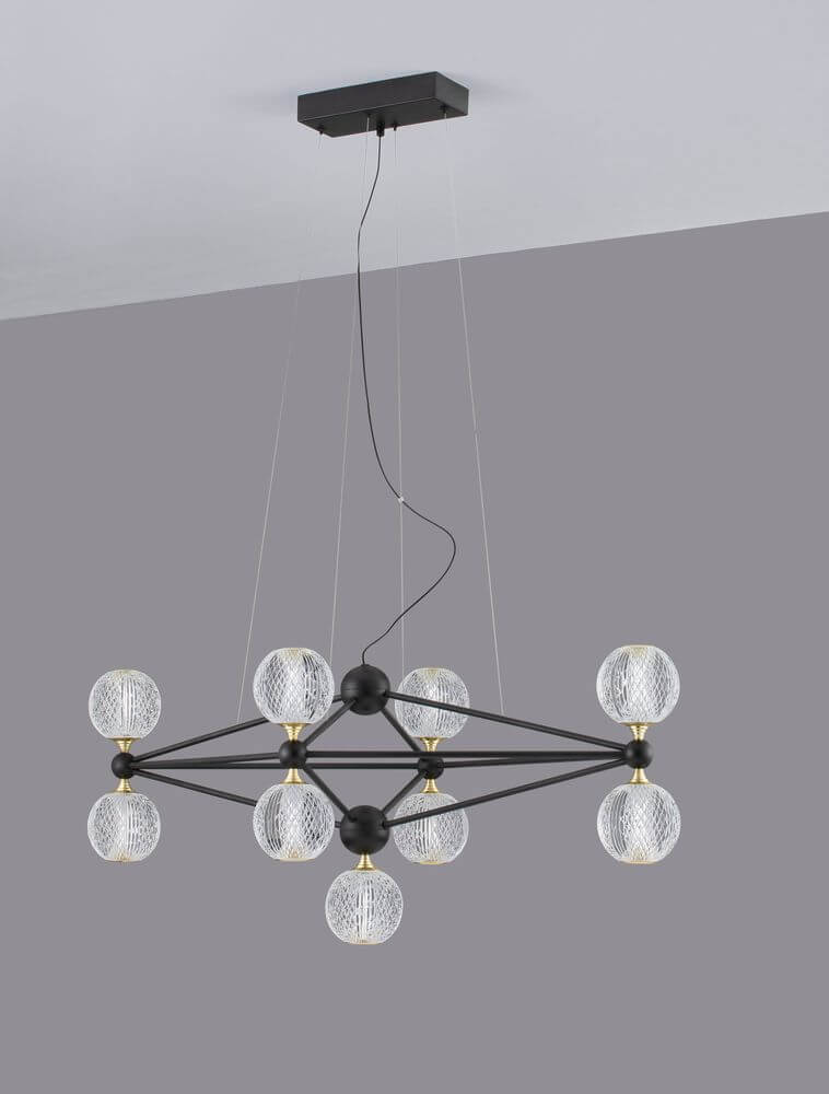 Belinda LED Pendelleuchte 9-flammig mit geometrischem Design und klaren Glaskugeln im modernen Ambiente.