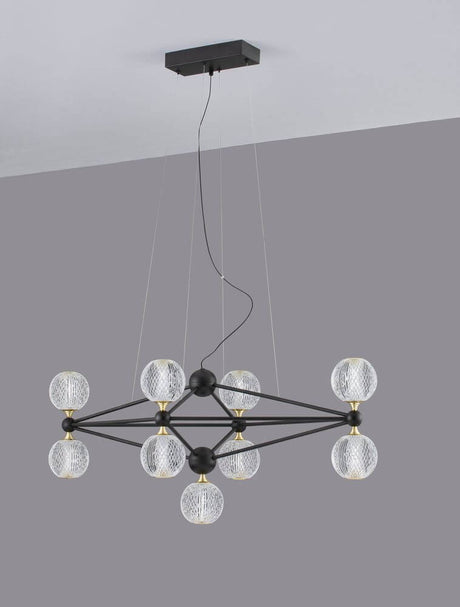 Belinda LED suspension à 9 lumières avec un design géométrique et des globes en verre transparent dans un environnement moderne.