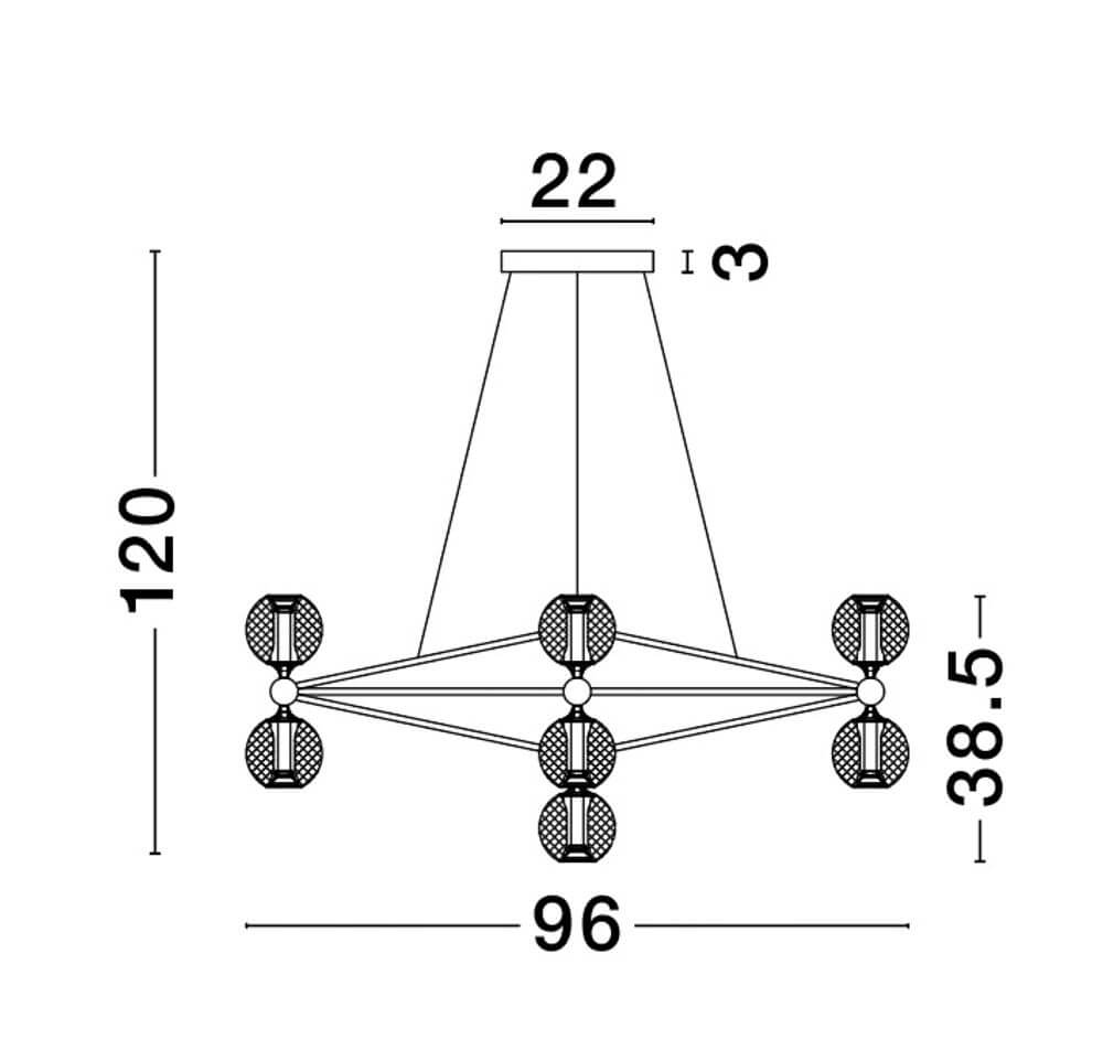 Technische Zeichnung der Belinda LED Pendelleuchte 9-flammig mit Abmessungen und Designmerkmalen.