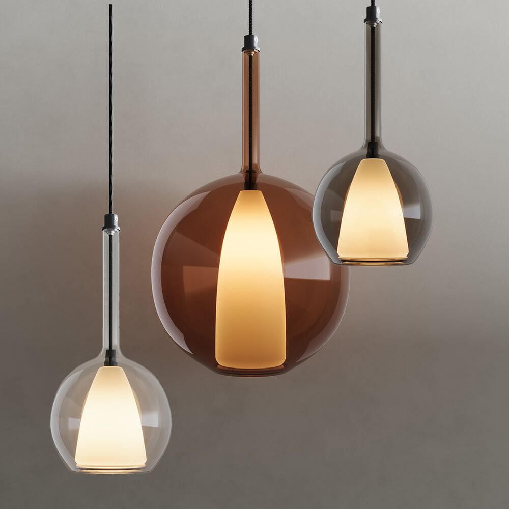 s.luce Belluna Glas Galerie-Pendelleuchte 500cm Textilkabel in klarem, Cognac und rauchigem Glas.