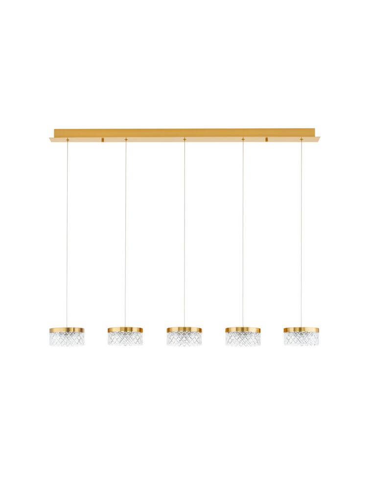 Bion LED Pendelleuchte 5-flammig 3000K Gold mit funkelnden Lampenschirmen in Gold und Kristall-Design.