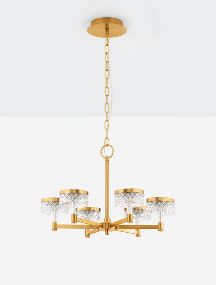 Bion LED Pendelleuchte 6-flammig Ø 70,7cm 3000K Gold mit eleganten Kristallschirmchen.