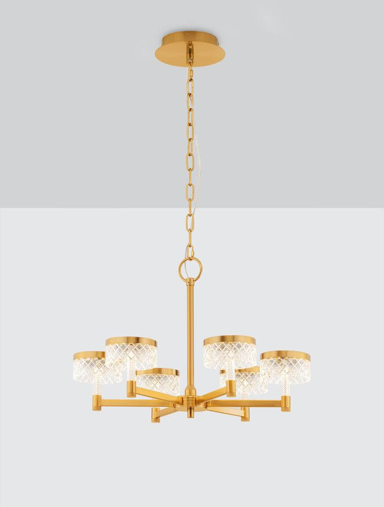 Bion LED Pendelleuchte 6-flammig Ø 70,7cm 3000K Gold mit goldener Oberfläche und gläsernen Schirmen.