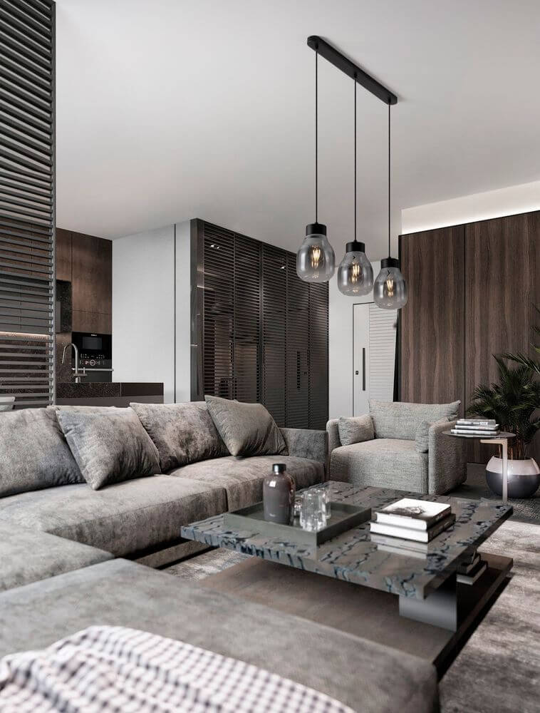 Blacu Pendelleuchte 3-flammig Schwarz in modernem Essbereich mit stilvollem Interieur und gemütlicher Atmosphäre.