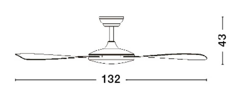 Blaire Ventilator Ø 132cm technische Zeichnung mit Maße 132cm x 43cm, geeignet für Deckenmontage.
