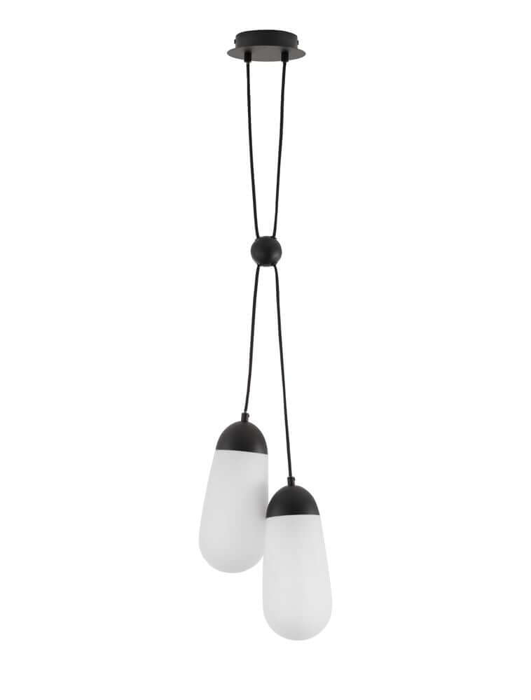 Blaky Pendelleuchte 2-flammig Ø 25,2cm Schwarz, Weiß mit asymmetrischem Design und tropfenförmigen Lampenschirmen.