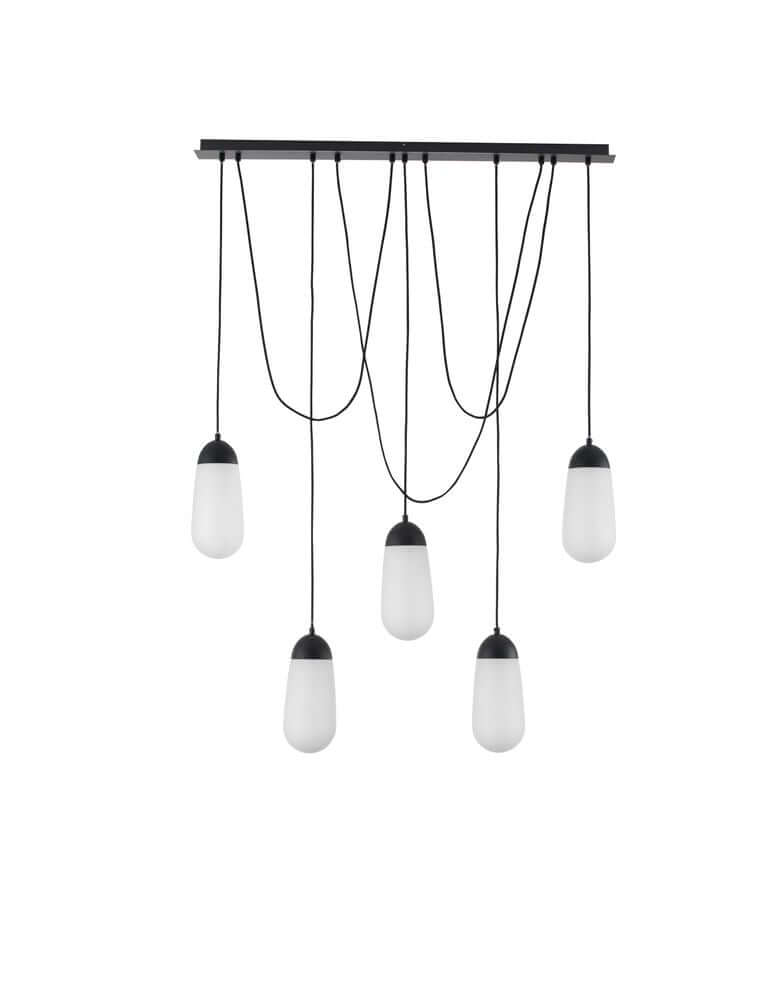 Blaky Pendelleuchte Balken 103cm 5-flammig Schwarz, Weiß mit opalisierten Glaskörpern.