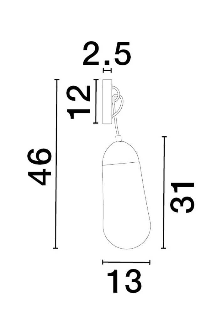 Blaky Wandleuchte Schwarz, Weiß technische Zeichnung mit Maßen und Designdetails.