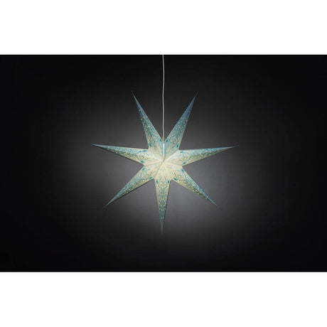 Étoile en papier bleue perforée et brodée de bleu, à 7 pointes, sans source lumineuse, une décoration de Noël féerique.