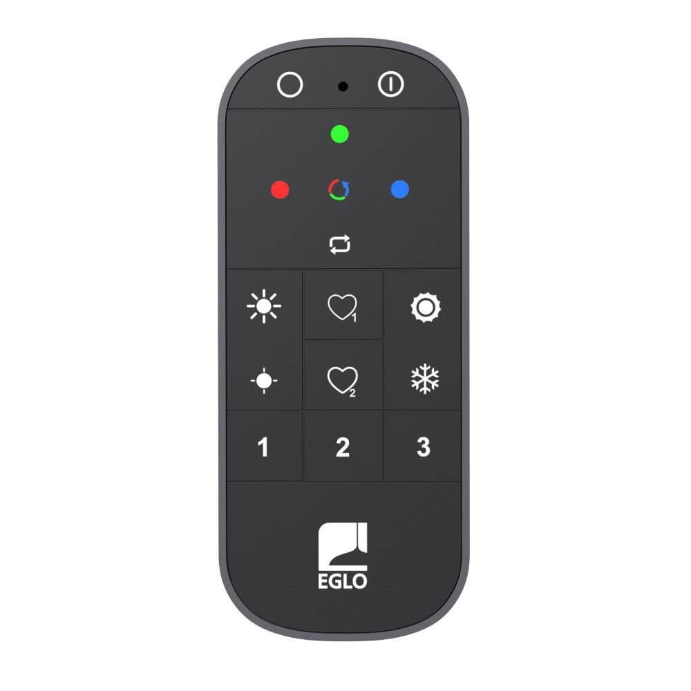 Fernbedienung Bluetooth + Zigbee Z Remote RGB CCT in schwarz mit Tasten für Lichtsteuerung und Farbwahl.