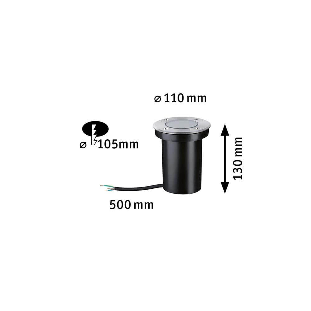 Bodeneinbauleuchte Floor 11cm Metall IP65 mit Abmessungen, Durchmesser 105mm, Höhe 130mm.