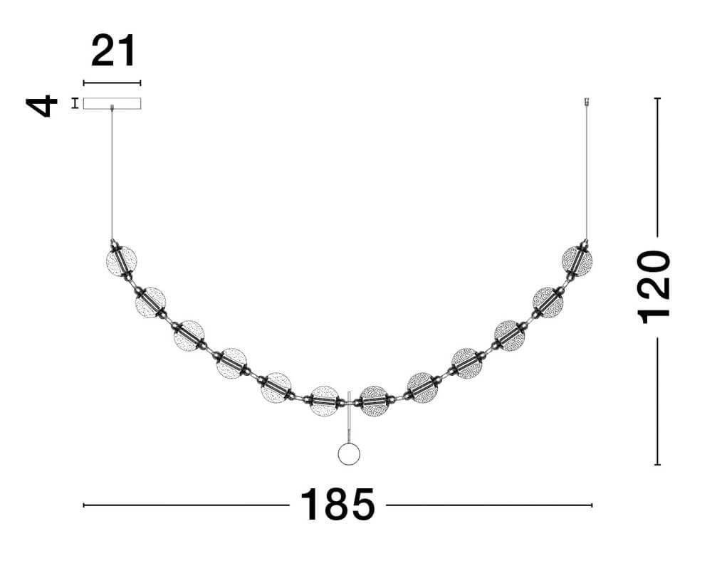 Brillante LED Pendelleuchte 12-flammig 3200K Maßzeichnung mit Details zur Größe und Form.