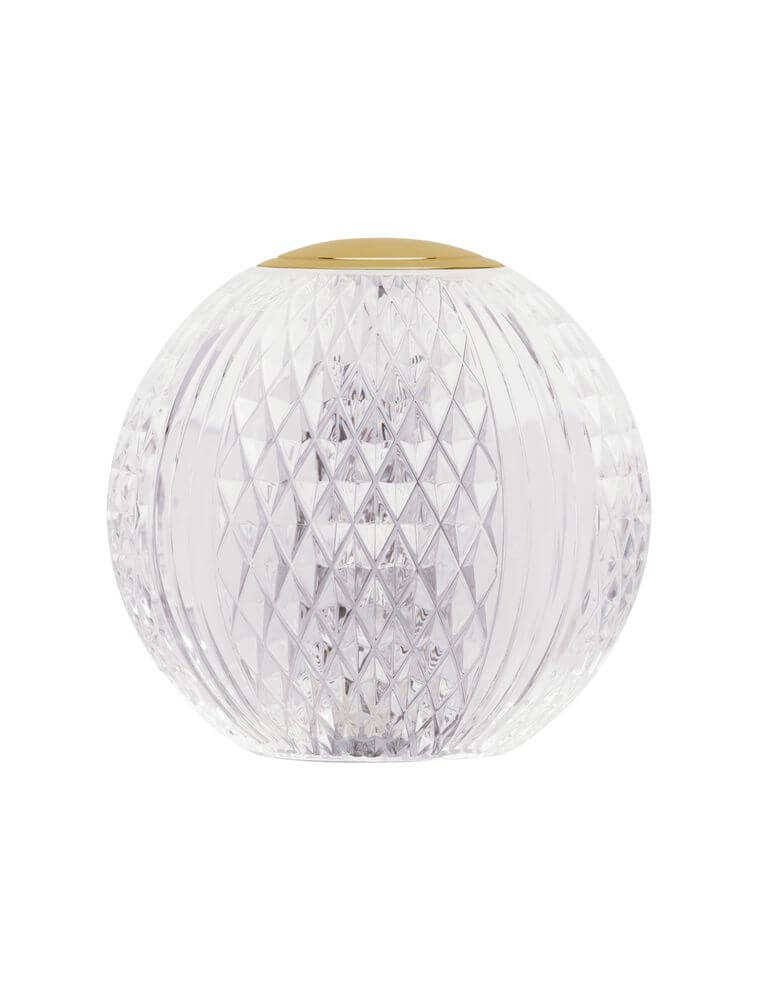 Brillante LED Tischleuchte 3200K Gold im eleganten, kugelförmigen Design aus klarem Acryl mit goldener Oberseite.