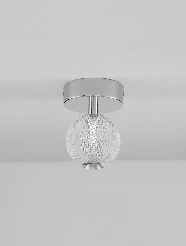 Brille LED Deckenleuchte Ø 11cm 3200K Chrom mit kristallener Glasoberfläche und Chromhalterung.