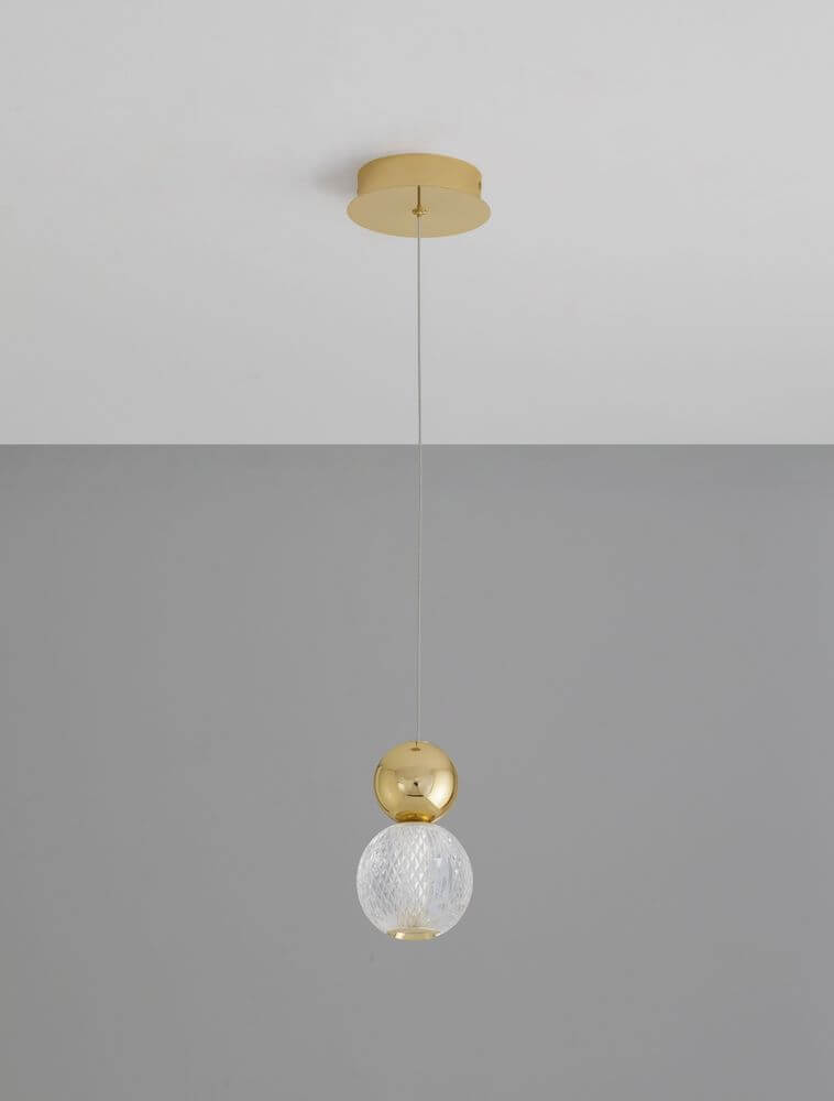 Brille LED Pendelleuchte Ø 11cm 3200K Gold mit elegantem Glasdesign und goldenem Baldachin.