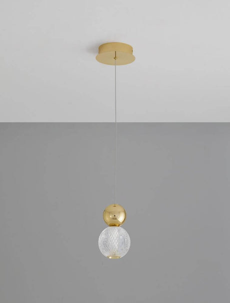 Brille LED pendant light Ø 11cm 3200K Gold with elegant glass design and a gold canopy.